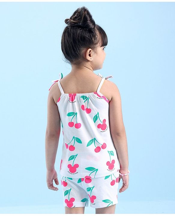 Babyhug Disney Single Jersey Knit Sleeveless Night Suit Minnie Mouse and Cherry Print - White