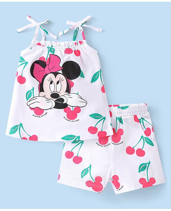 Babyhug Disney Single Jersey Knit Sleeveless Night Suit Minnie Mouse and Cherry Print - White