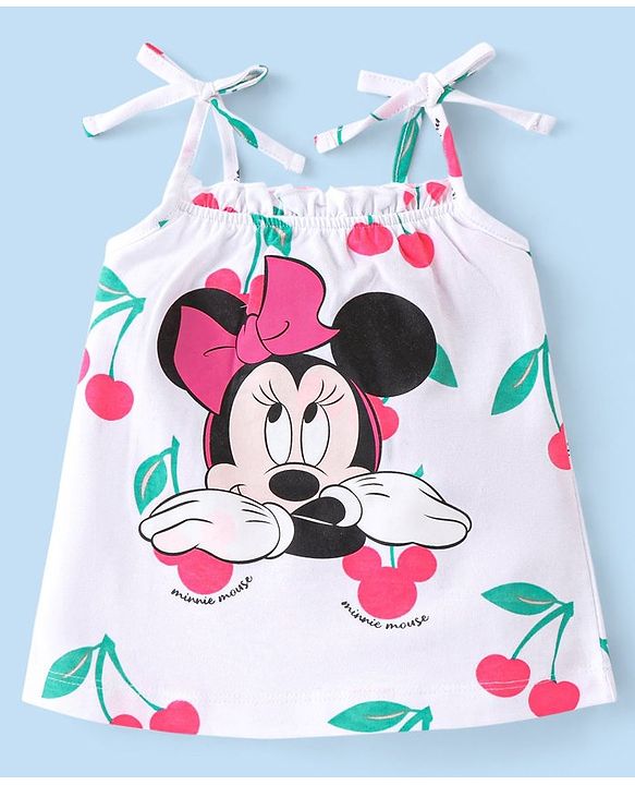 Babyhug Disney Single Jersey Knit Sleeveless Night Suit Minnie Mouse and Cherry Print - White