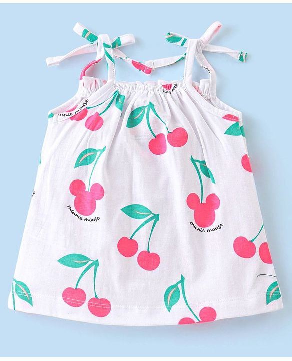 Babyhug Disney Single Jersey Knit Sleeveless Night Suit Minnie Mouse and Cherry Print - White