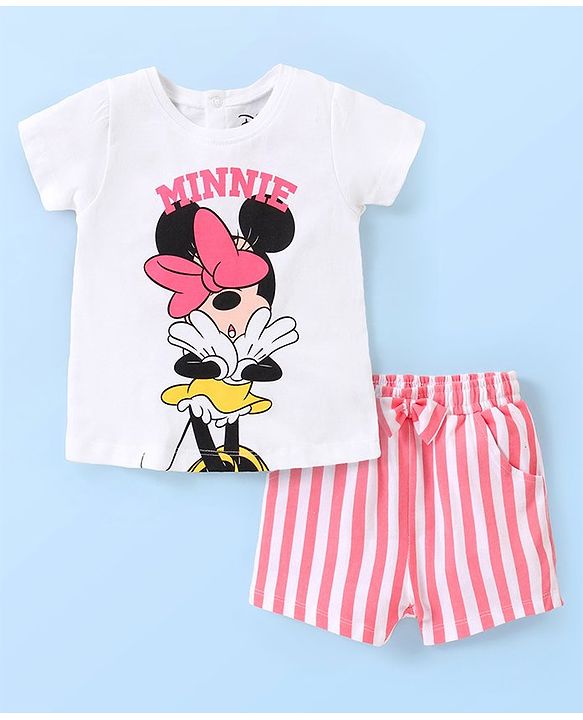 Babyhug  Disney Cotton Half Sleeves Shorts  Night Suit Minnie Mouse Print - White & Pink