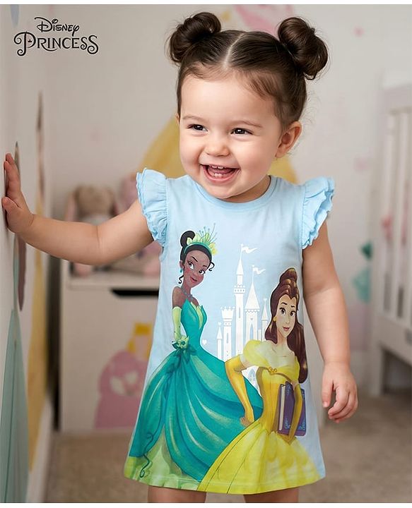 Babyhug Disney Single Jersey Frill Sleeves Nighty With Disney Princess Graphics - Blue