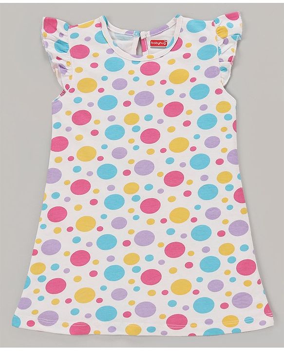 Babyhug Single Jersey Knit Frill Sleeves Nighty Polka Dots Print -  Blue White & Yellow