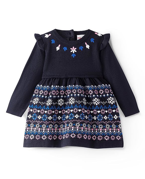 Babyhug Knitted Full Sleeves Floral Embroidery Woolen Dress - Navy Blue