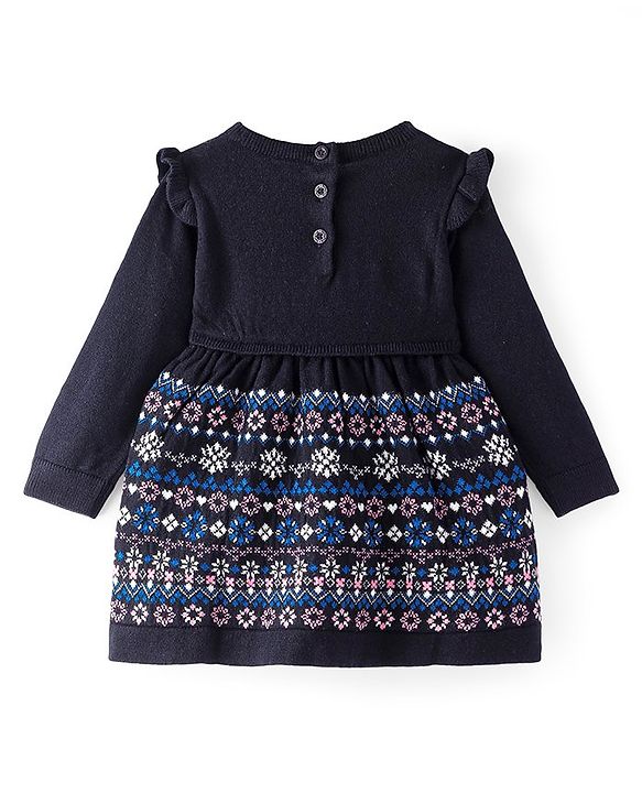 Babyhug Knitted Full Sleeves Floral Embroidery Woolen Dress - Navy Blue