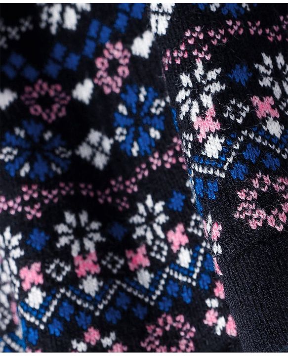 Babyhug Knitted Full Sleeves Floral Embroidery Woolen Dress - Navy Blue