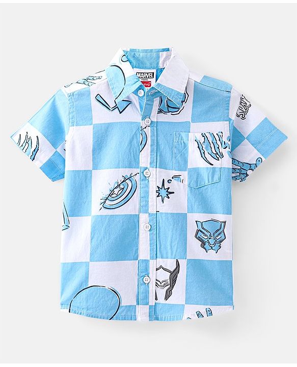 Babyhug Marvel Cotton Woven Half Sleeve Shirt With Avengers Print - Blue