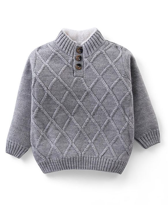 Babyhug Knitted Full Sleeves Pullover Cable Knit Henley Sweater -Grey