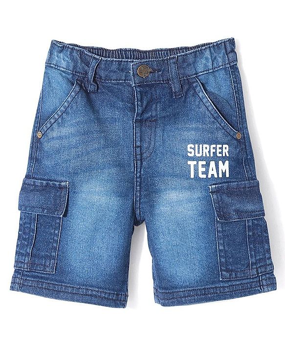 Babyhug Above Knee Length Stretchable Denim Bermuda With Text Print - Blue