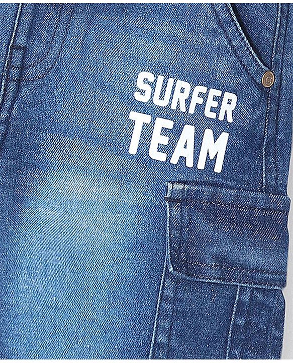 Babyhug Above Knee Length Stretchable Denim Bermuda With Text Print - Blue