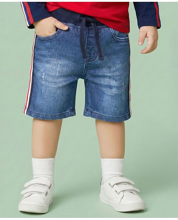 Babyhug Mid Thigh Length Denim Washed  Shorts with Stretch - Blue