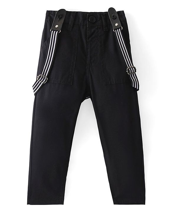 Babyhug Cotton Lycra Full Length Pants with Suspenders - Black