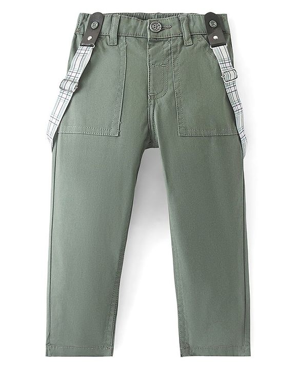 Babyhug Cotton Lycra Woven Full Length Trouser  with Suspender & Stretch Solid Colour - Olive Green