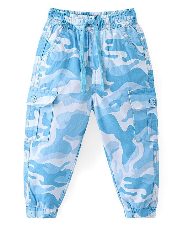 Babyhug Cotton Lycra With Stretch Woven Full Length Trousers With Camo Print - Blue