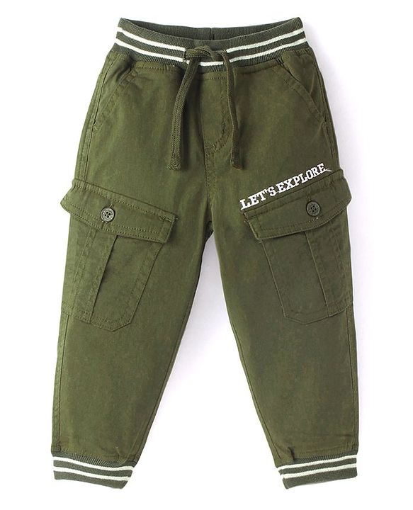 Babyhug Cotton Woven Full Length Stretchable Trouser with Text Print - Olive Green
