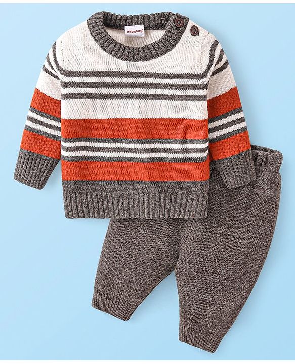 Babyhug Knitted Full Sleeves Striped Pullover Sweater Set - Grey