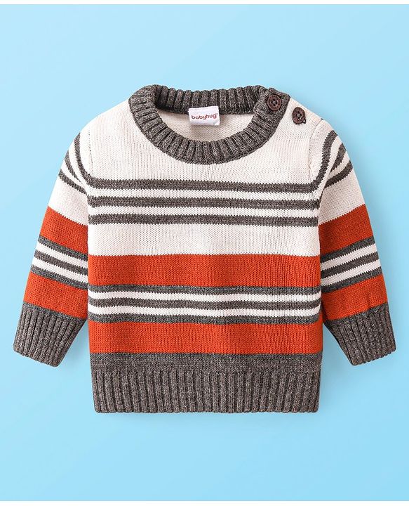 Babyhug Knitted Full Sleeves Striped Pullover Sweater Set - Grey