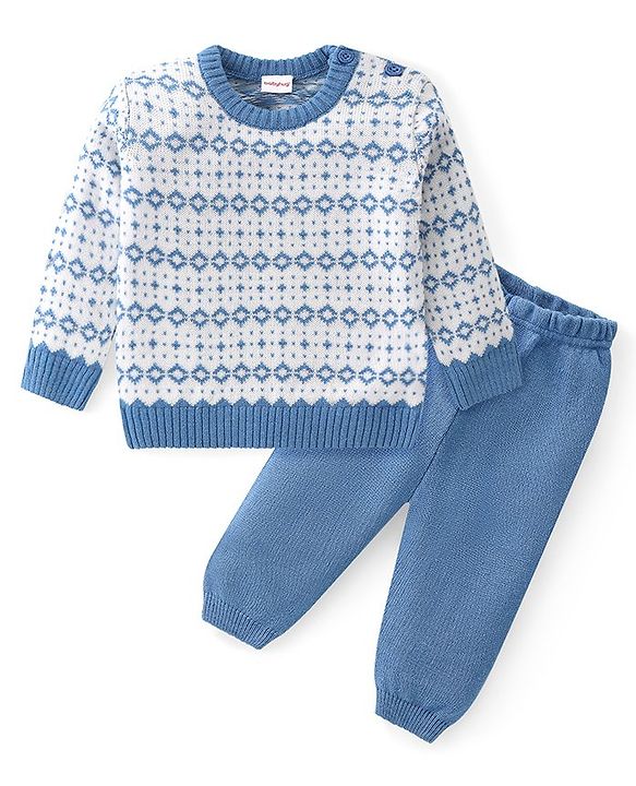 Babyhug Knit Full Sleeves All Over Design Sweater & Pant Set - Blue