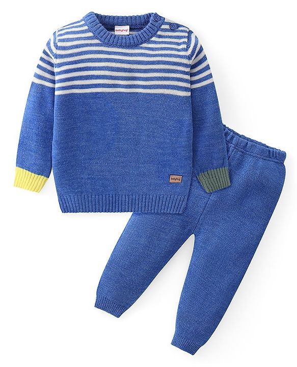 Babyhug Knit Full Sleeves Striped Sweater & Pant Set - Blue