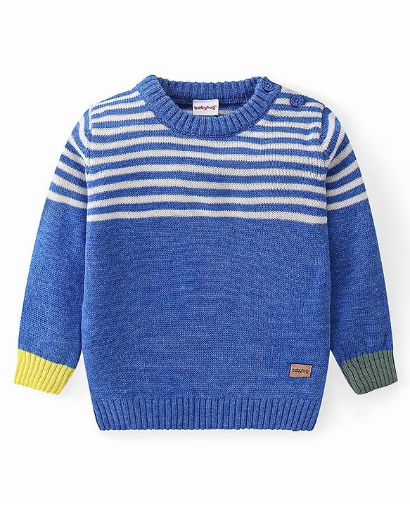 Babyhug Knit Full Sleeves Striped Sweater & Pant Set - Blue