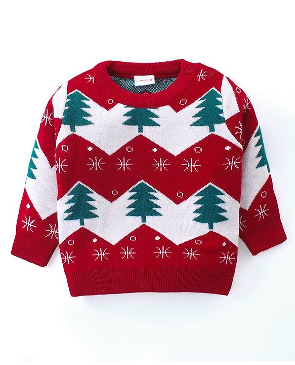 Babyhug Knitted Full Sleeves Sweater Set with Christmas Tree Design - Red
