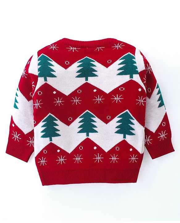 Babyhug Knitted Full Sleeves Sweater Set with Christmas Tree Design - Red