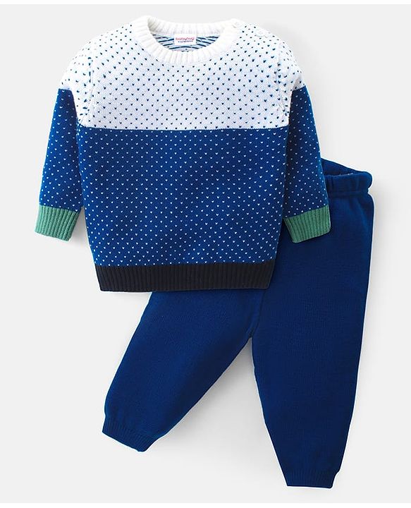 Babyhug Knitted Full Sleeves Colourblock Sweater Set  - Blue White & Green