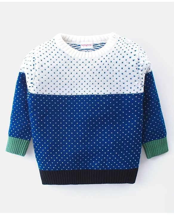 Babyhug Knitted Full Sleeves Colourblock Sweater Set  - Blue White & Green