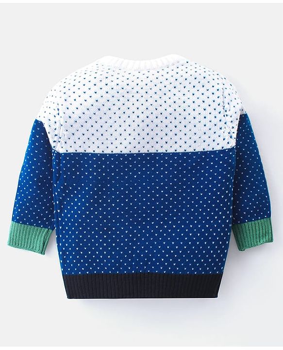 Babyhug Knitted Full Sleeves Colourblock Sweater Set  - Blue White & Green