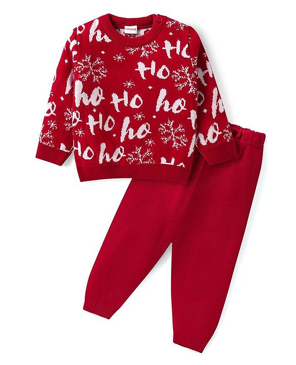 Babyhug Knit Full Sleeves Pull Over Sweater Set with Snowflakes Design - Red