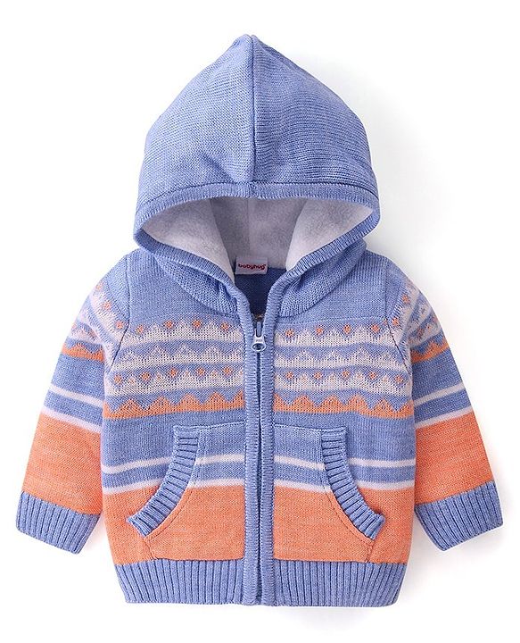 Babyhug Knitted Full Sleeves Front Open Hooded Sweaters with Stripes Design & Kangaroo Pockets - Multicolour
