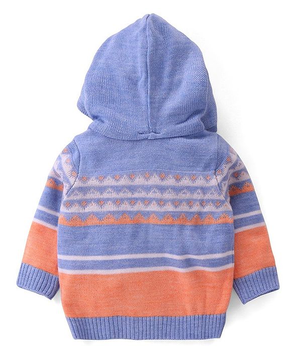 Babyhug Knitted Full Sleeves Front Open Hooded Sweaters with Stripes Design & Kangaroo Pockets - Multicolour