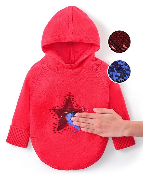 Babyhug Knitted Raglan Sleeves Hooded Sweater with Reversible Star Sequin Design - Coral