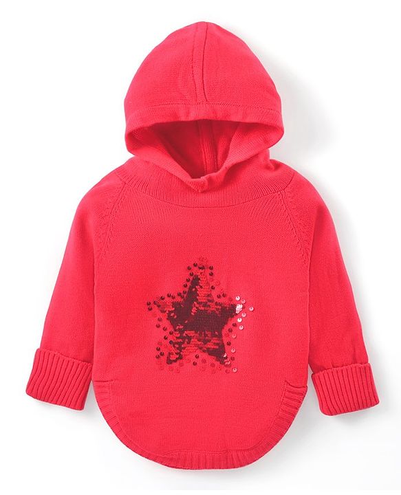 Babyhug Knitted Raglan Sleeves Hooded Sweater with Reversible Star Sequin Design - Coral