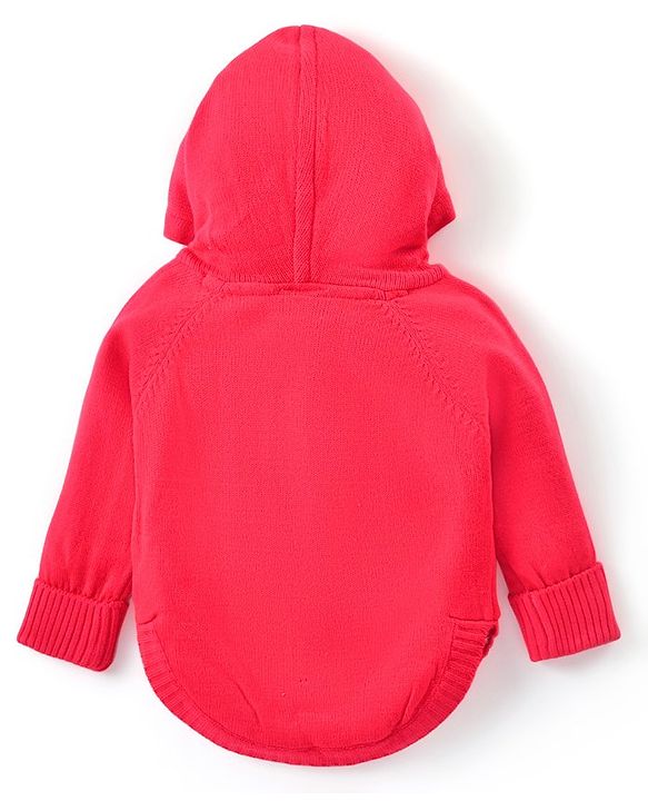 Babyhug Knitted Raglan Sleeves Hooded Sweater with Reversible Star Sequin Design - Coral