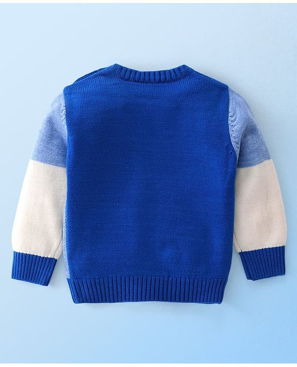 Babyhug Knitted Full Sleeves Color Blocked Sweater Text Embroidery - Blue