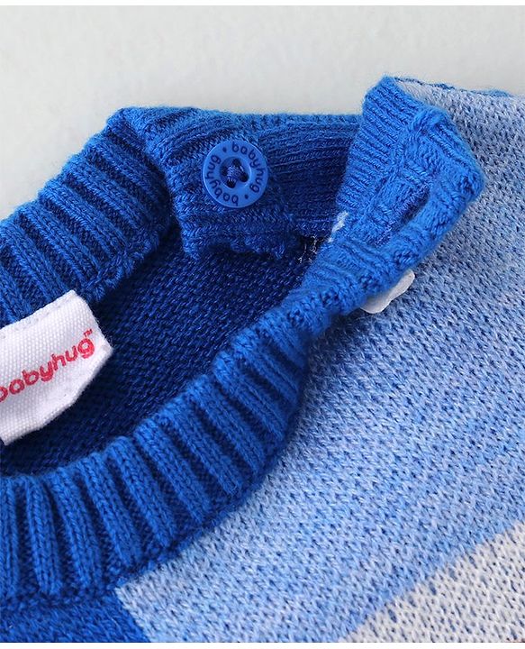 Babyhug Knitted Full Sleeves Color Blocked Sweater Text Embroidery - Blue