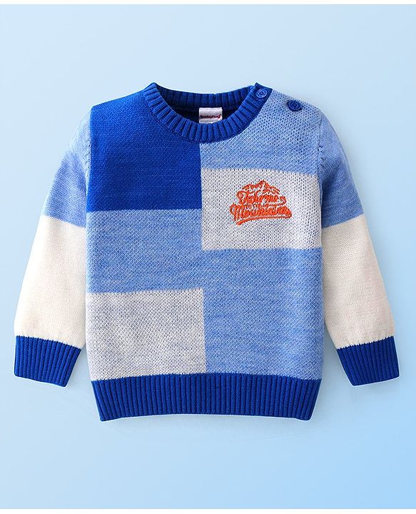 Babyhug Knitted Full Sleeves Color Blocked Sweater Text Embroidery - Blue