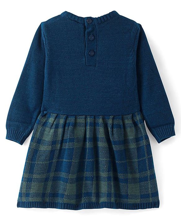 Babyhug Knitted Full Sleeves Woollen Dress with Checks Design & Bow Applique - Navy Blue