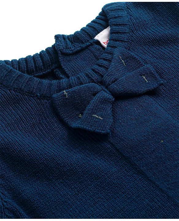 Babyhug Knitted Full Sleeves Woollen Dress with Checks Design & Bow Applique - Navy Blue