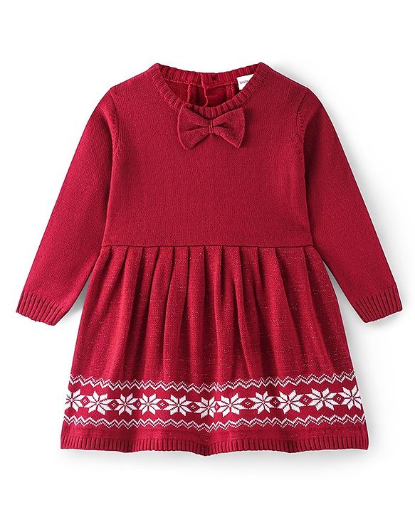 Babyhug Knitted Full Sleeves Woolen Dress with Floral Design - Red