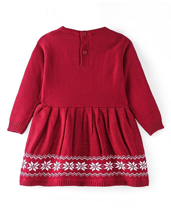 Babyhug Knitted Full Sleeves Woolen Dress with Floral Design - Red