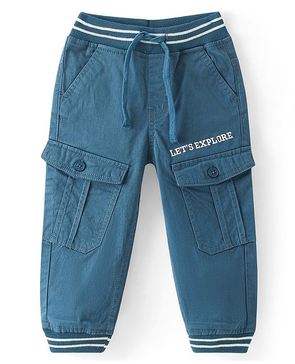 Babyhug  Woven Stretchable Pants With Text Embroidery - Navy