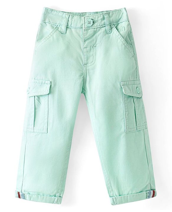 Babyhug Cotton Lycra Woven Full Length Solid Pants - Mint