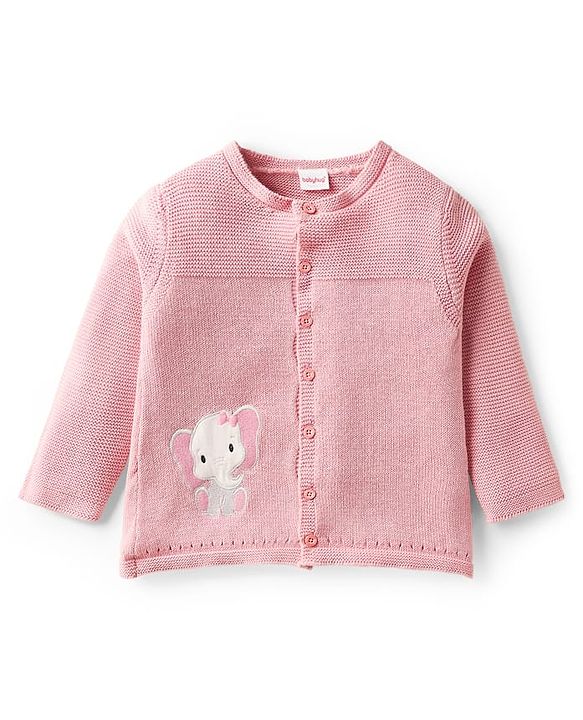 Babyhug Cotton Knit Full Sleeves Sweater Set with Cap & Elephant Applique Embroidery - Light Pink