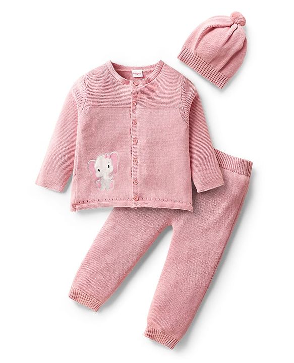 Babyhug Cotton Knit Full Sleeves Sweater Set with Cap & Elephant Applique Embroidery - Light Pink