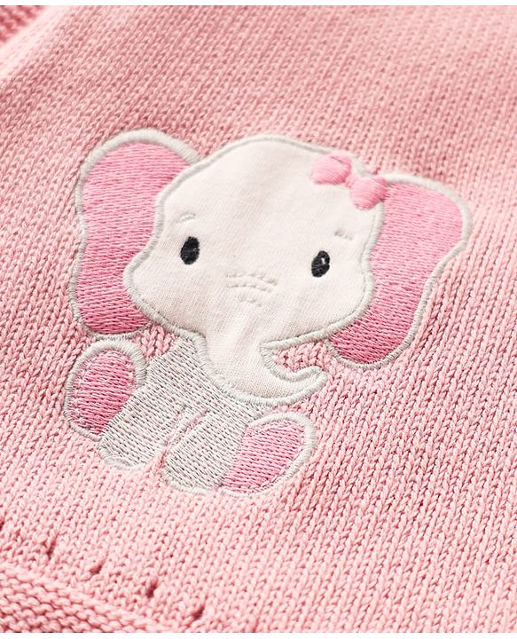 Babyhug Cotton Knit Full Sleeves Sweater Set with Cap & Elephant Applique Embroidery - Light Pink