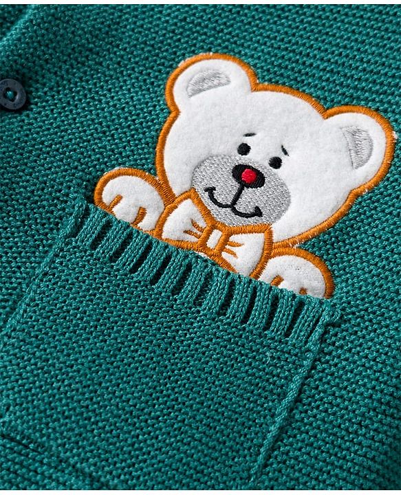 Babyhug 100% Cotton Knit Full Sleeves Front Open Sweater Set with Bear Patch & Cap - Teal Blue