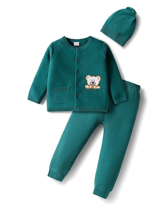 Babyhug 100% Cotton Knit Full Sleeves Front Open Sweater Set with Bear Patch & Cap - Teal Blue