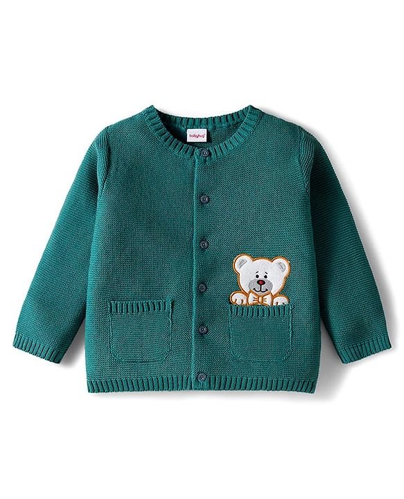 Babyhug 100% Cotton Knit Full Sleeves Front Open Sweater Set with Bear Patch & Cap - Teal Blue